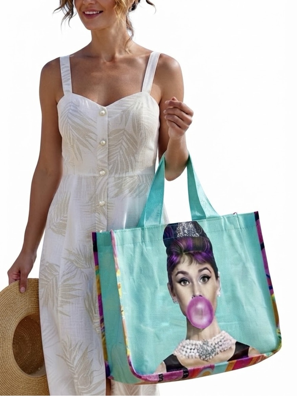 Turquoise Graphic Tote Bag with Bubblegum Print